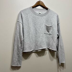 Aerie Comfy Cozy Cropped Crop Raw Hem Crew Neck Relaxed Fit Sweater Top Grey